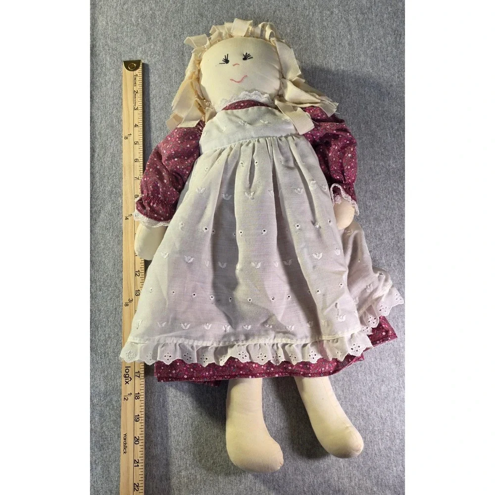 Handmade Primitive Rag Doll Burgundy Floral Dress White Eyelet Apron 21 Inch